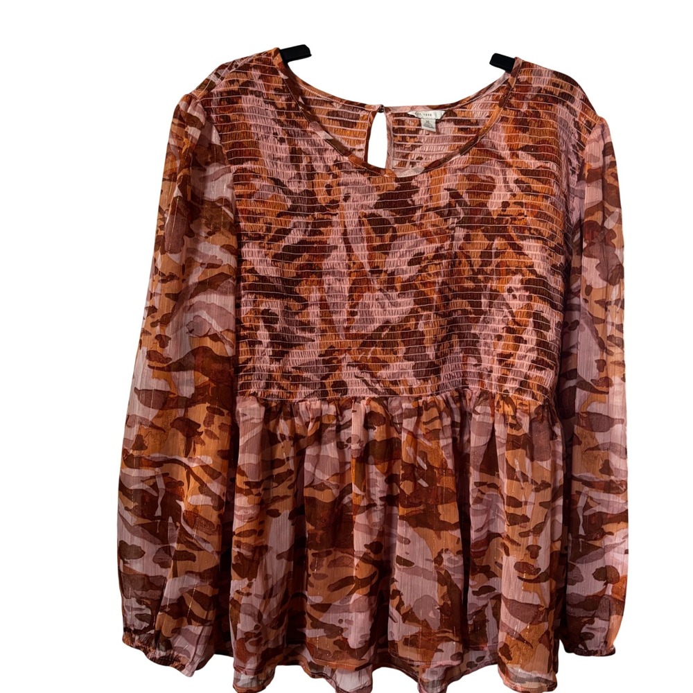 Est. 1946 Women's Blouse XL EUC Smocked Sheer Brown Gold